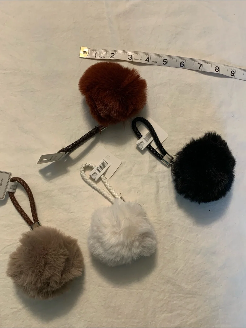 Faux Fur Pom Keychain Set - Brown, Tan, White, Black, Rust